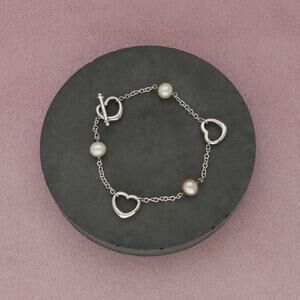sterling silver pearl & heart station toggle bracelet size 7.5in